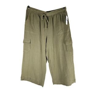 Single Thread 100% Cotton Gauzy Cropped Pants Size XL Elastic Waist Olive